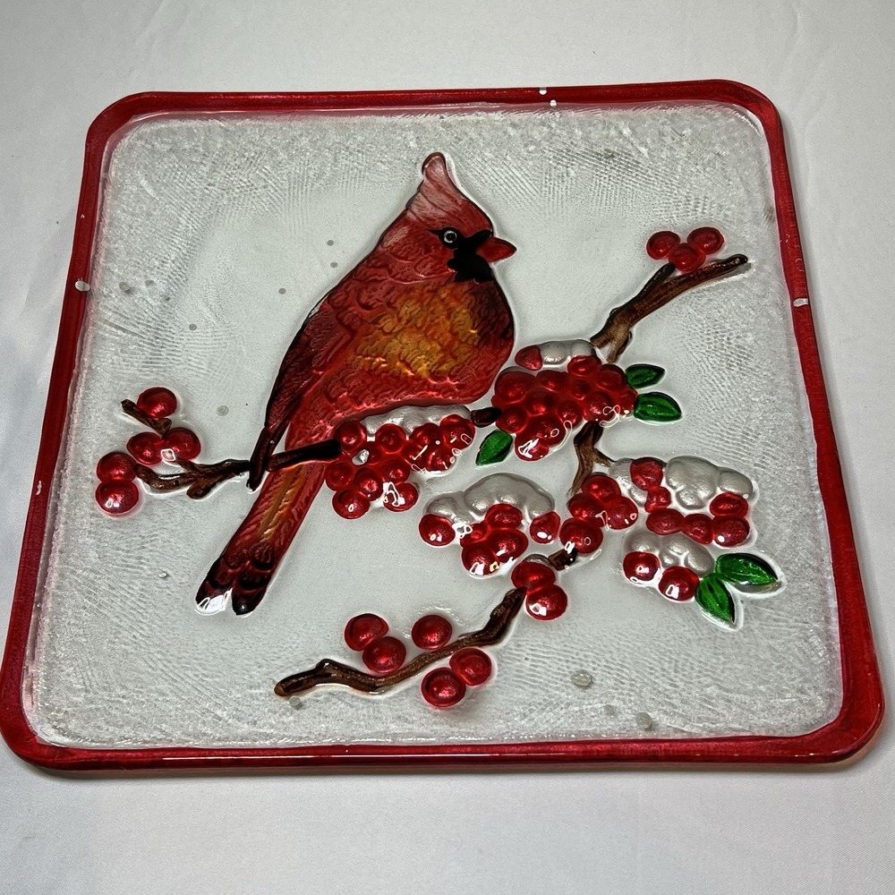 RED CARDINAL Wit Berries And Snow‎ Square 11" Clear Glass Serving Plate Winter